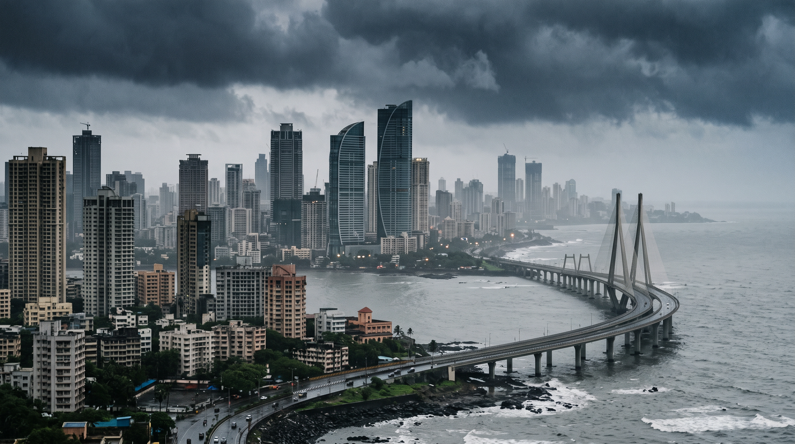 Editorial motion composition against a Mumbai skyline